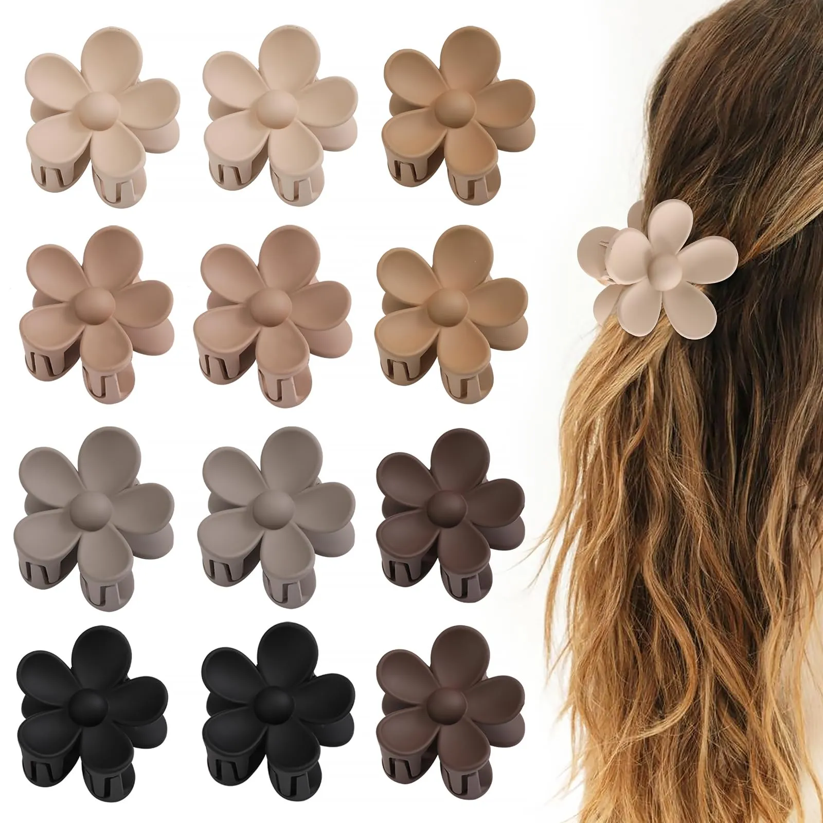 12 PCS Medium Flower Claw Clips for Women & Girls, Cute Flower Hair Clip, Non Slip Strong Hold for Women, Neutral Colors
