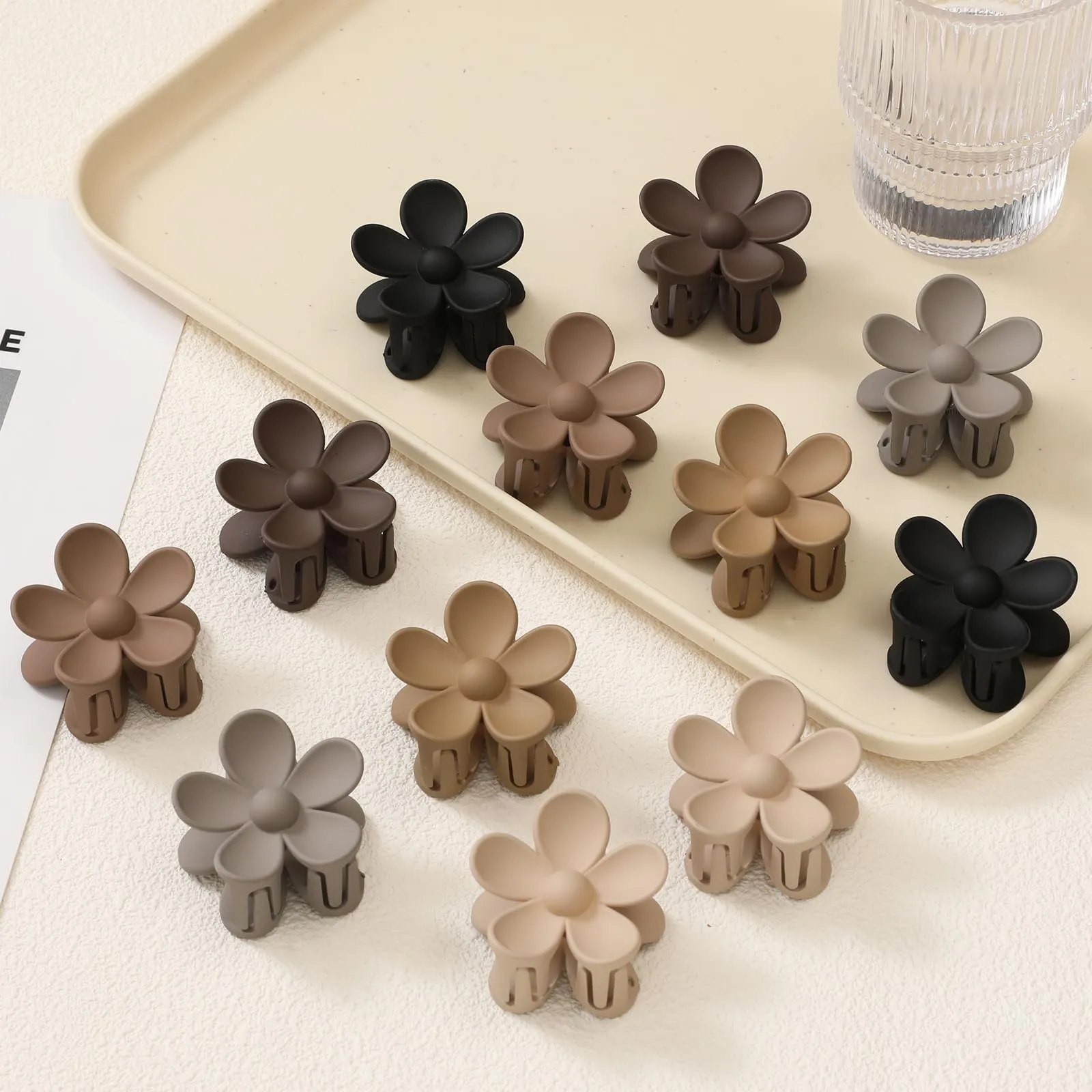 12 PCS Medium Flower Claw Clips for Women & Girls, Cute Flower Hair Clip, Non Slip Strong Hold for Women, Neutral Colors