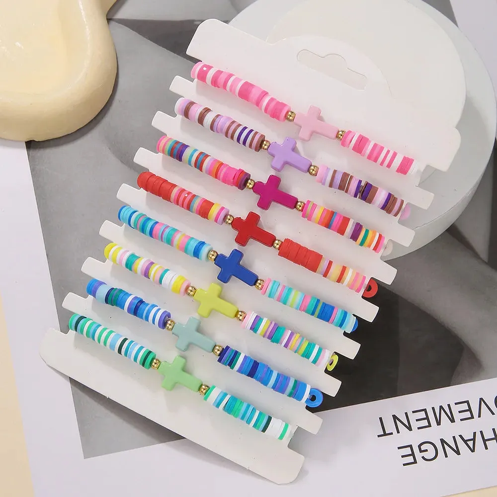 8pcs Bohemian Colorful Polymer Cross Bracelet New Beach Style Stretch Bracelets Set for Women Girls