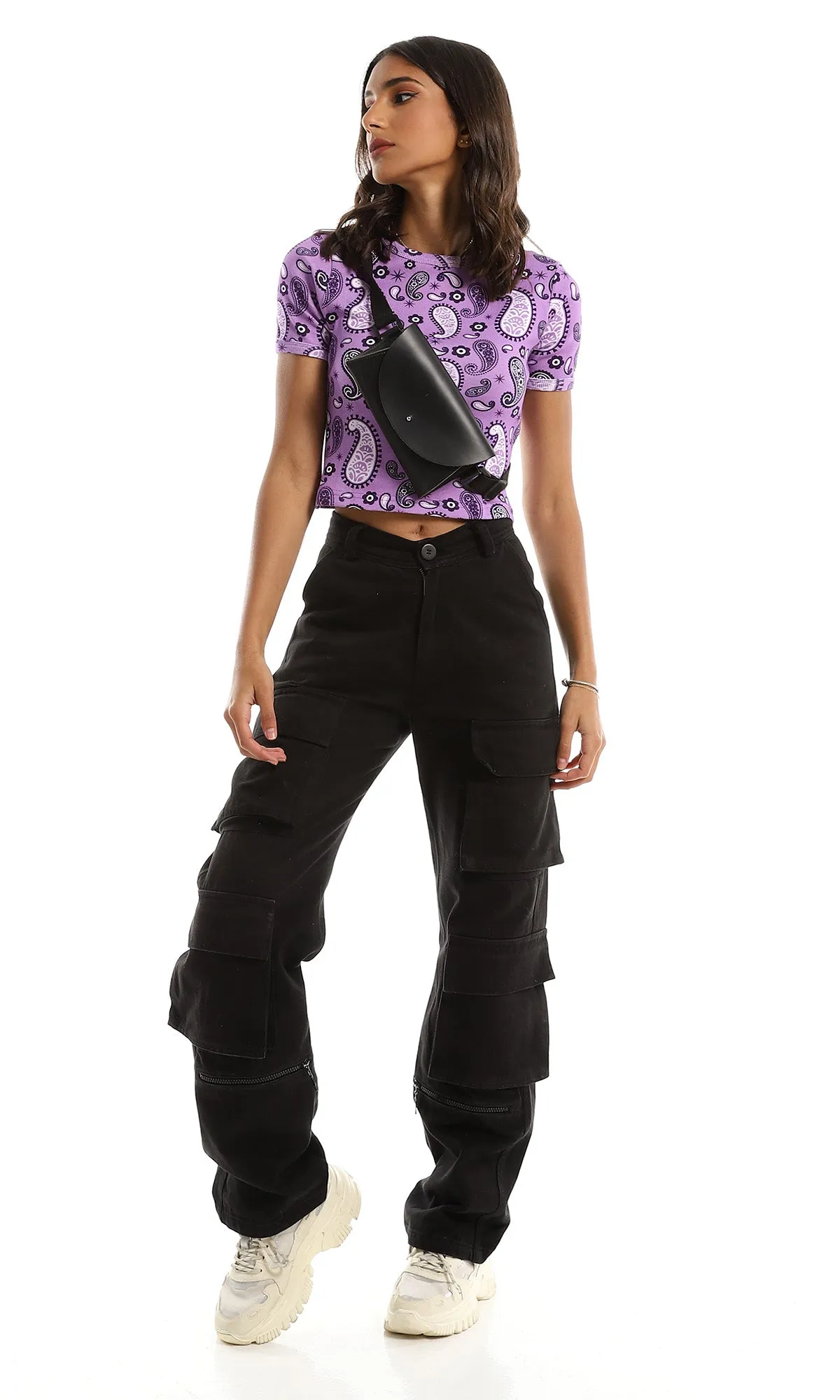 97312 Ribbed With Paisley Medium Purple Cropped Top