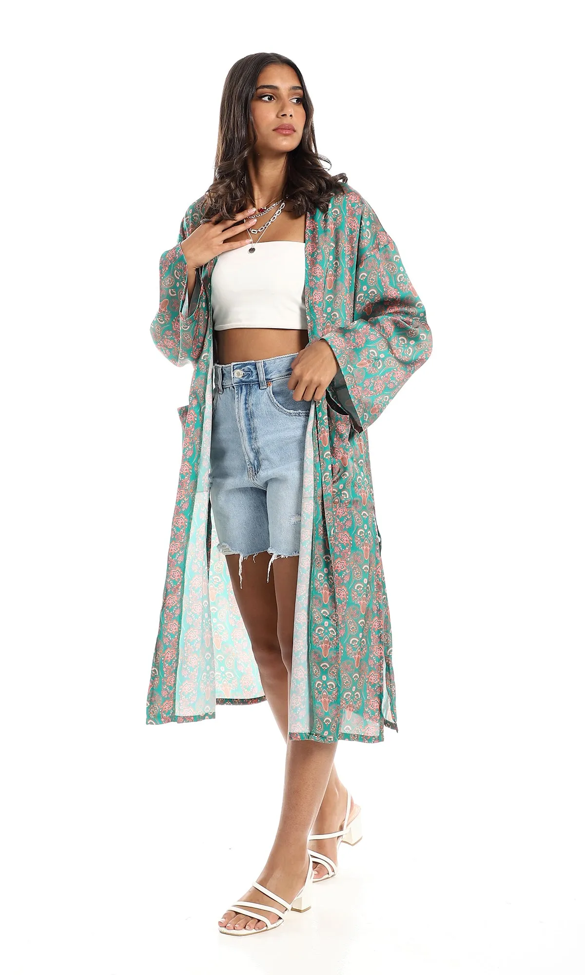 98282 Slip On Silk Accent Green & Orange Long Sleeves Cardigan