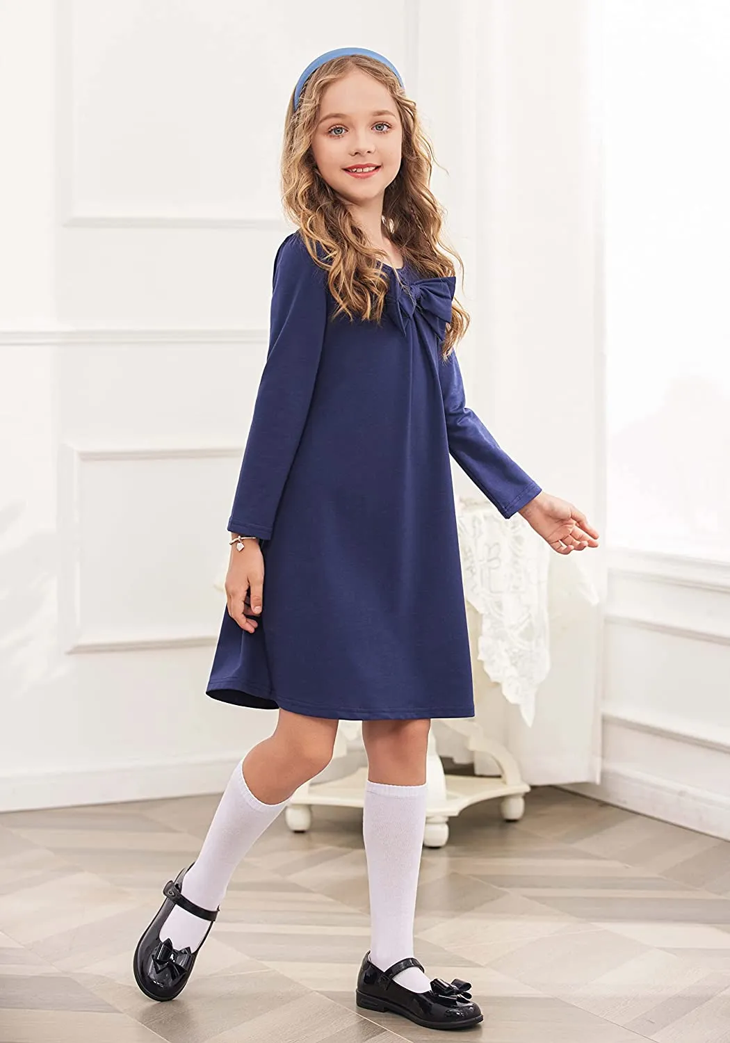 Arshiner Girls Dress Long Sleeve Solid Tunic Dress for Girls with Big Bow Tie
