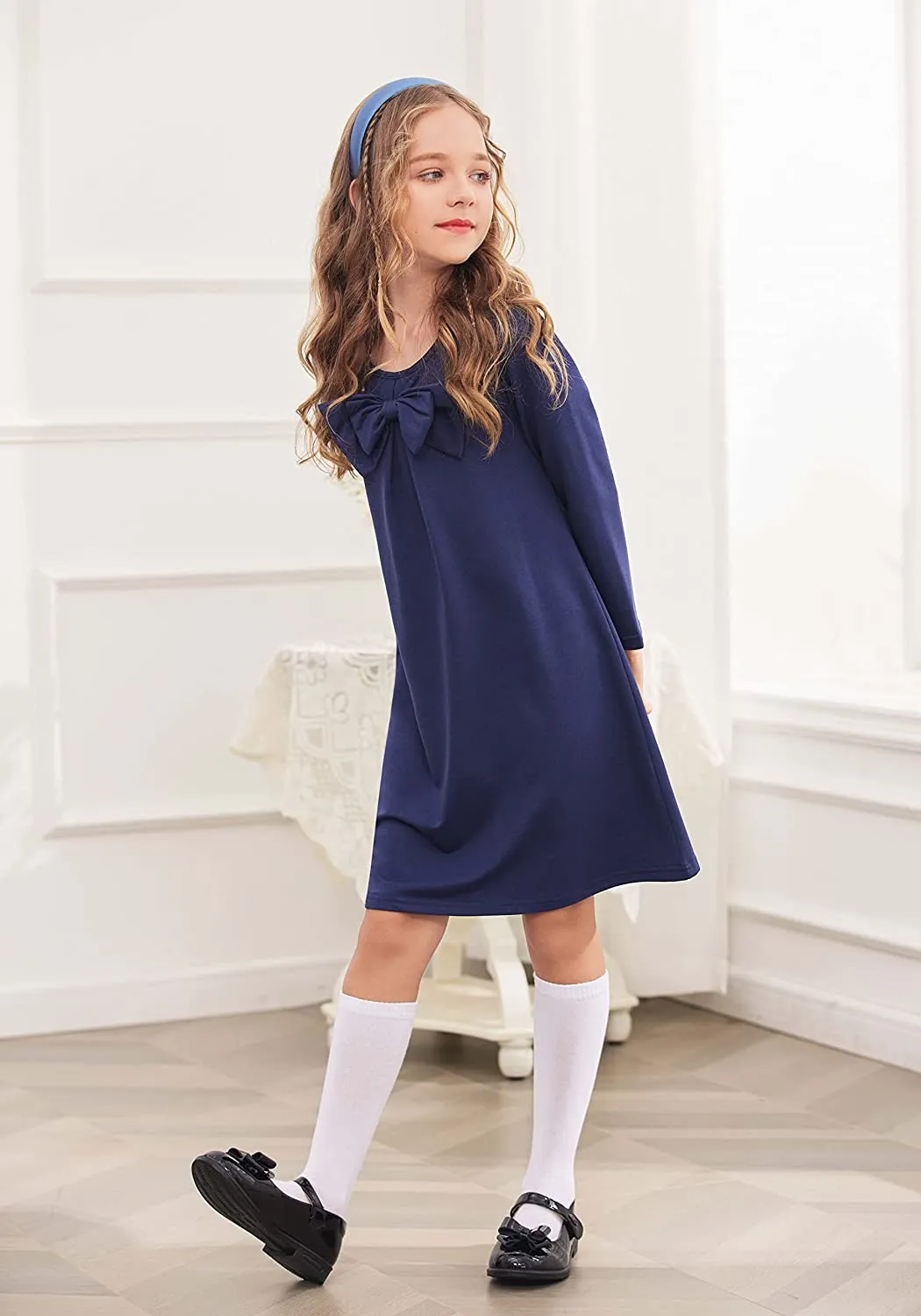 Arshiner Girls Dress Long Sleeve Solid Tunic Dress for Girls with Big Bow Tie