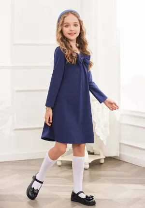 Arshiner Girls Dress Long Sleeve Solid Tunic Dress for Girls with Big Bow Tie