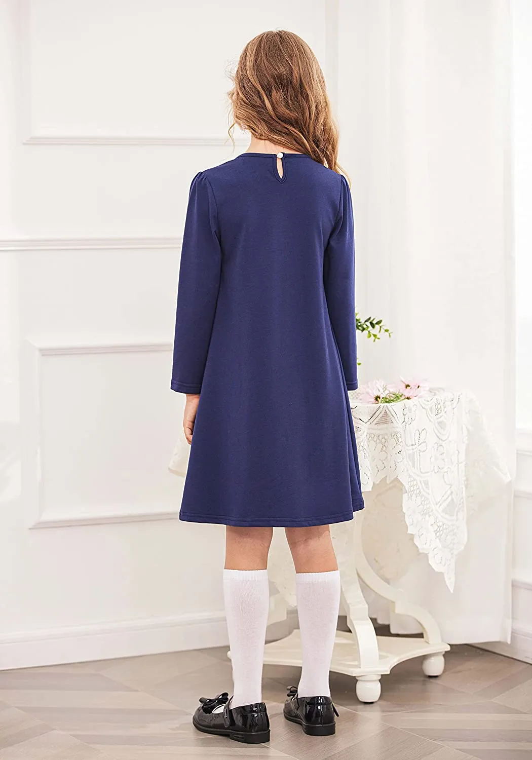 Arshiner Girls Dress Long Sleeve Solid Tunic Dress for Girls with Big Bow Tie