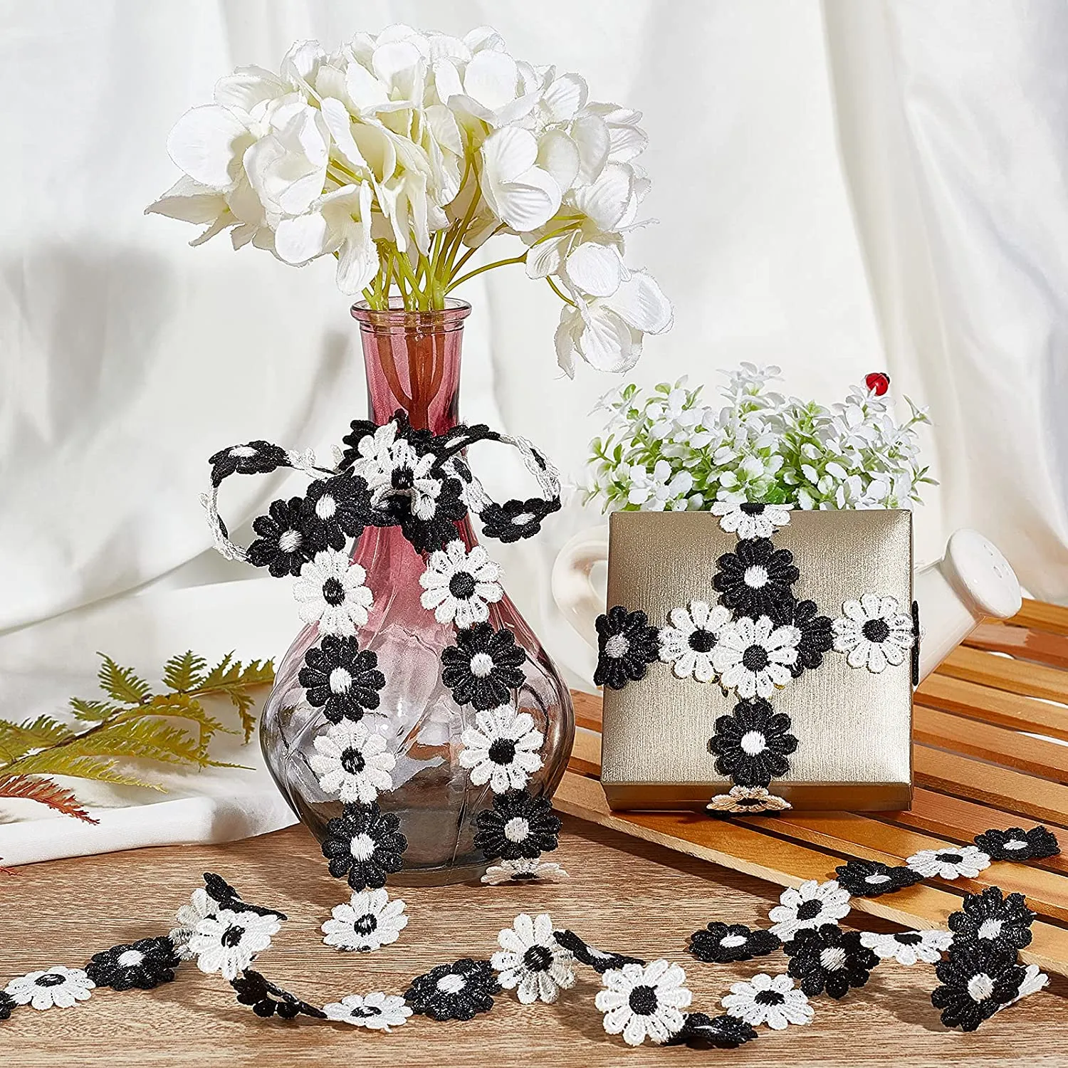 Black & White Daisy Decorating Lace Trim Ribbons, 7.5 Yard ?¨¢1 Flower Style Polyester DIY Ribbon for Sewing, Craft Decoration