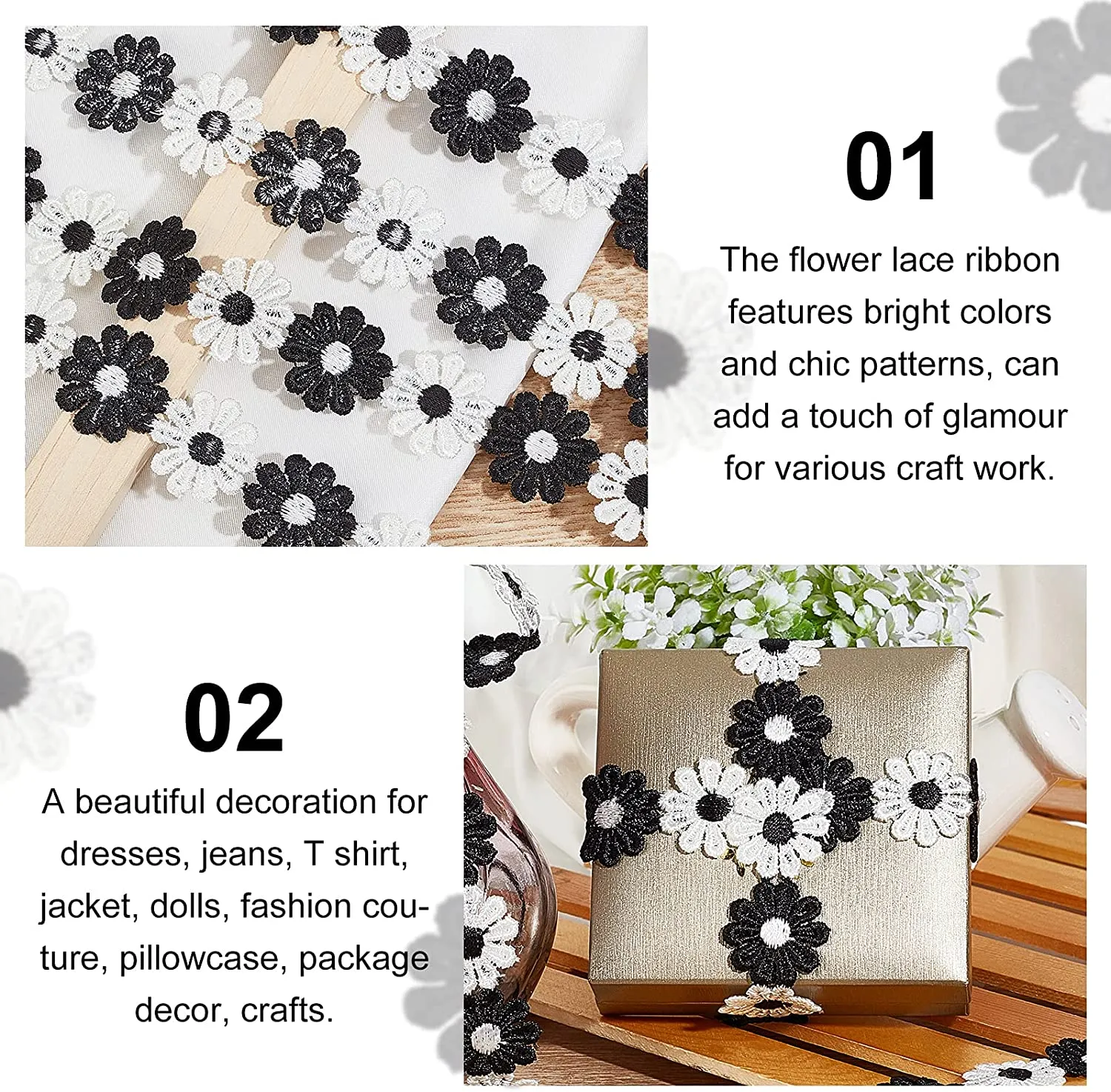 Black & White Daisy Decorating Lace Trim Ribbons, 7.5 Yard ?¨¢1 Flower Style Polyester DIY Ribbon for Sewing, Craft Decoration