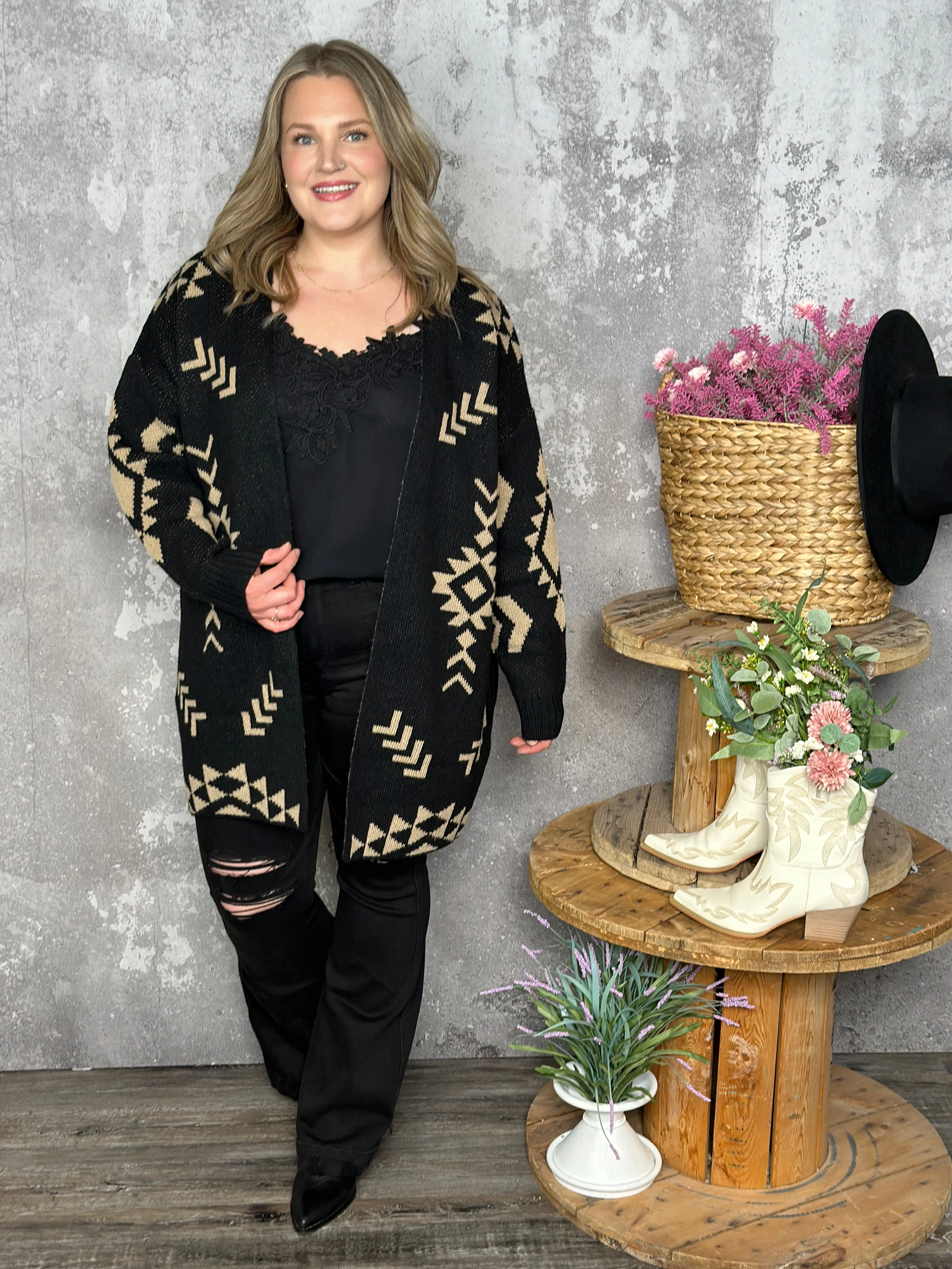 Black Aztec Cardigan - Curvy Only