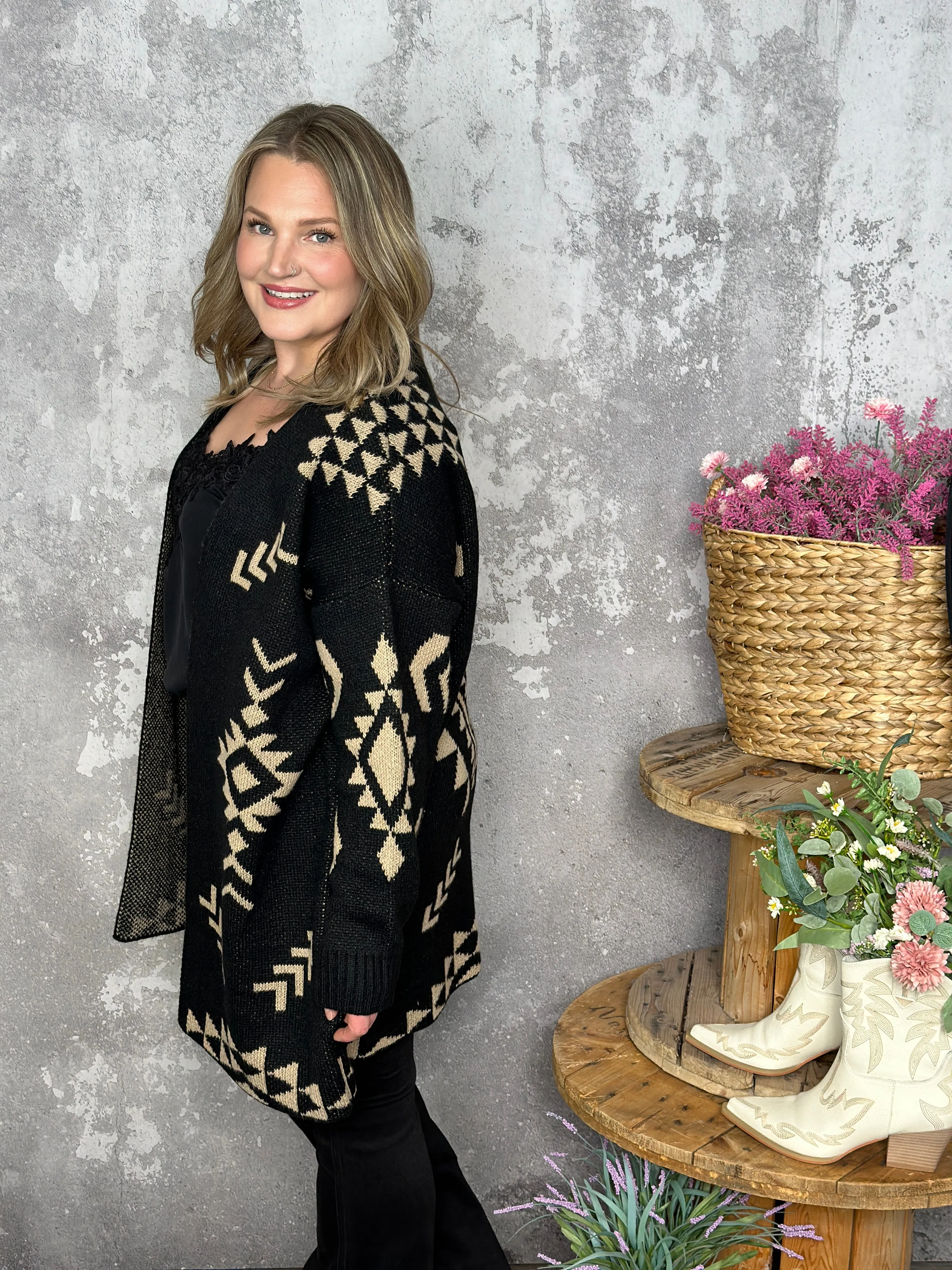 Black Aztec Cardigan - Curvy Only
