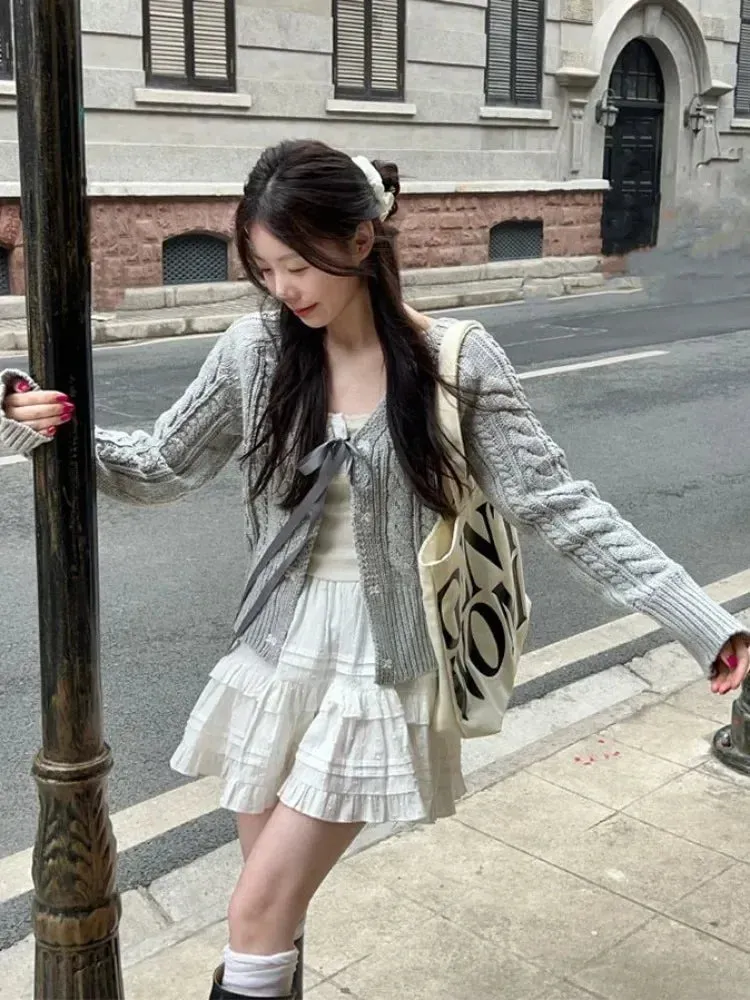 Fashionkova Korean Fashion Grey Cardigans Women Sweet Gil Bow Bandage Coquette Knitted Sweater Mujer Casual Long Sleeve Tops Autumn