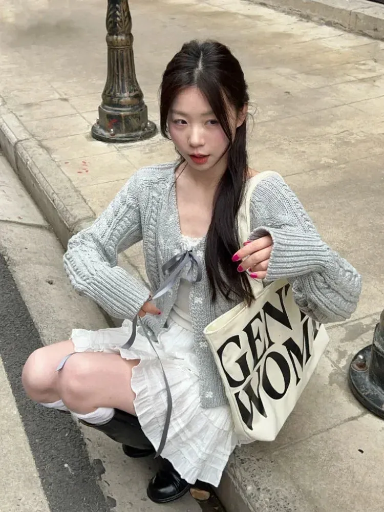 Fashionkova Korean Fashion Grey Cardigans Women Sweet Gil Bow Bandage Coquette Knitted Sweater Mujer Casual Long Sleeve Tops Autumn