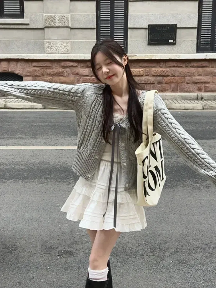 Fashionkova Korean Fashion Grey Cardigans Women Sweet Gil Bow Bandage Coquette Knitted Sweater Mujer Casual Long Sleeve Tops Autumn