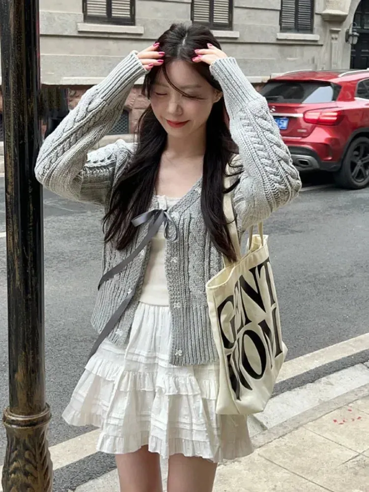 Fashionkova Korean Fashion Grey Cardigans Women Sweet Gil Bow Bandage Coquette Knitted Sweater Mujer Casual Long Sleeve Tops Autumn