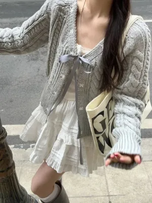 Fashionkova Korean Fashion Grey Cardigans Women Sweet Gil Bow Bandage Coquette Knitted Sweater Mujer Casual Long Sleeve Tops Autumn