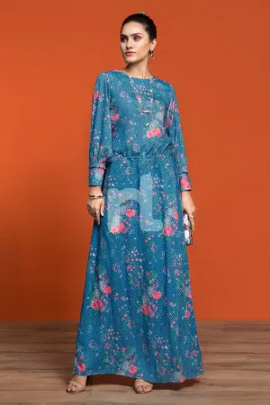 FW19-21 Blue Printed Stitched Micro Modal Long Fusion Dress - 1PC
