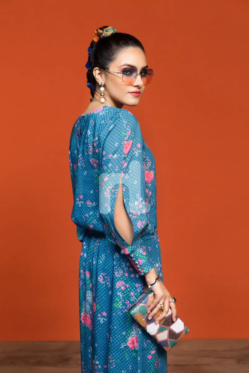 FW19-21 Blue Printed Stitched Micro Modal Long Fusion Dress - 1PC