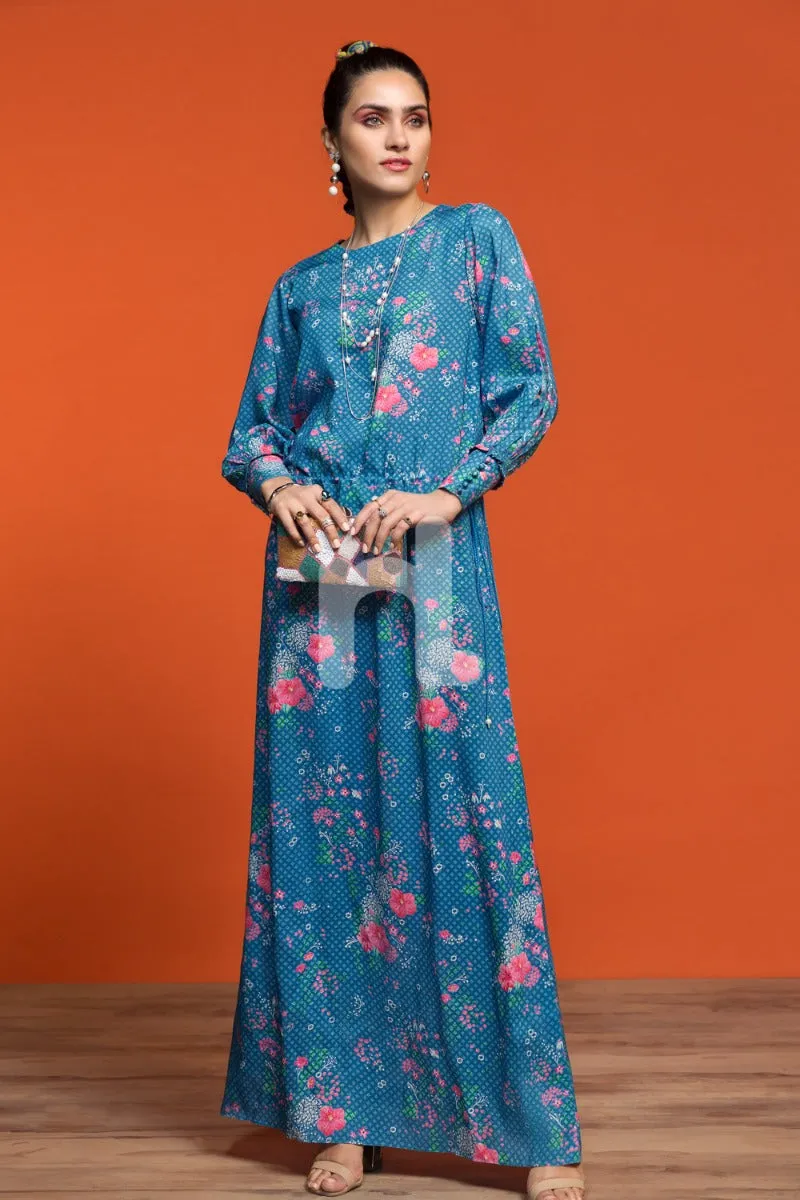 FW19-21 Blue Printed Stitched Micro Modal Long Fusion Dress - 1PC