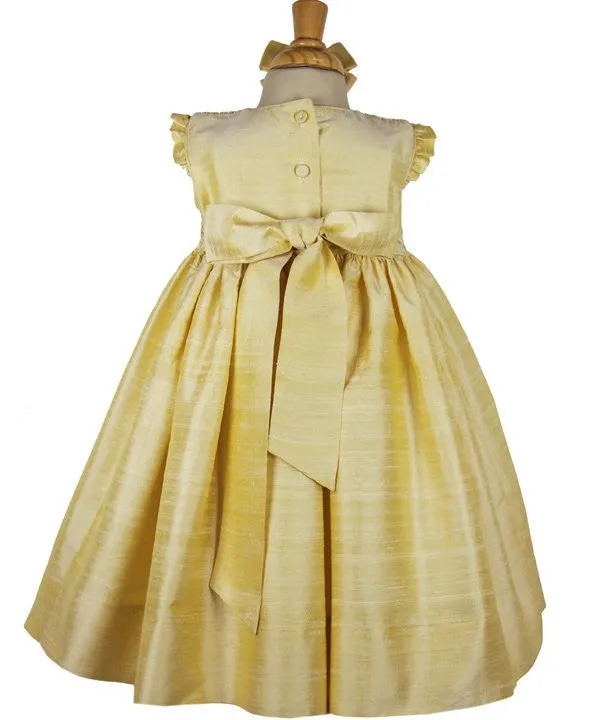 Golden Yellow Hand Smocked Sleeveless Baby Girls Silk Dress 3 Months