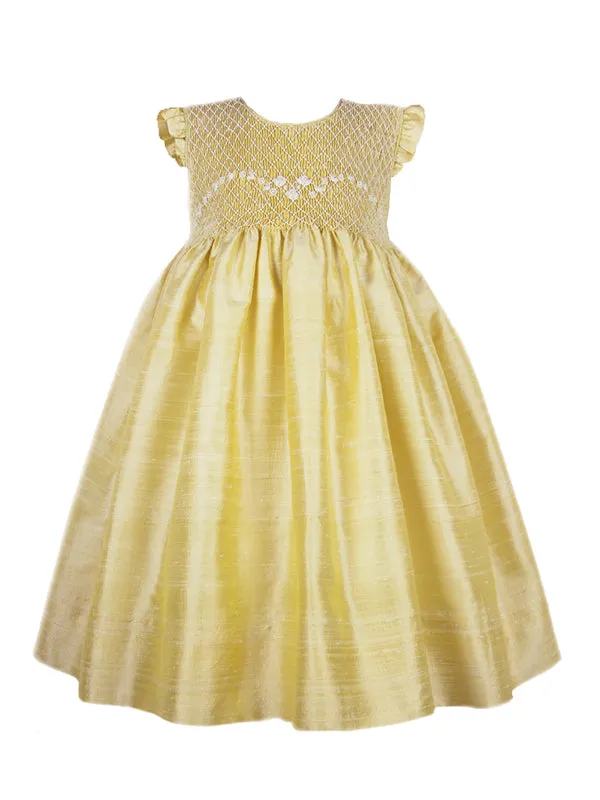 Golden Yellow Hand Smocked Sleeveless Baby Girls Silk Dress 3 Months