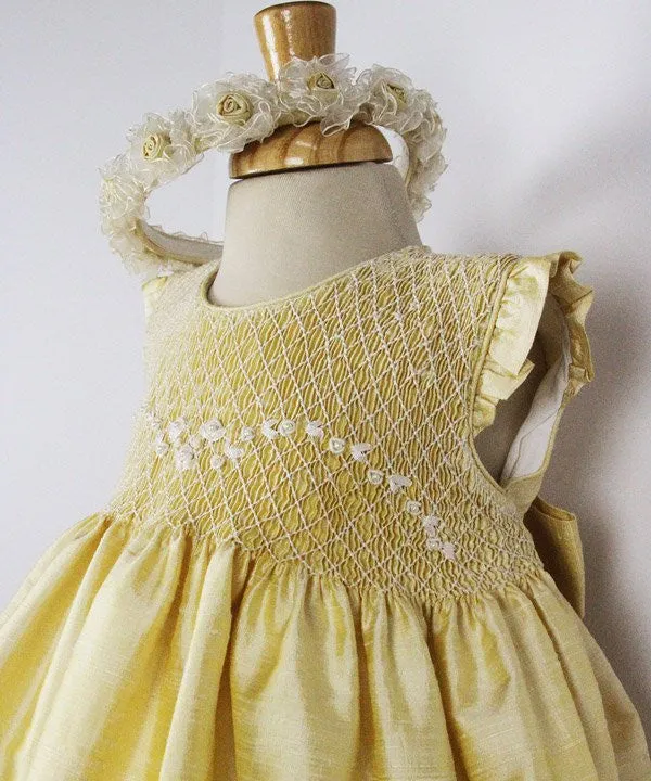 Golden Yellow Hand Smocked Sleeveless Baby Girls Silk Dress 3 Months