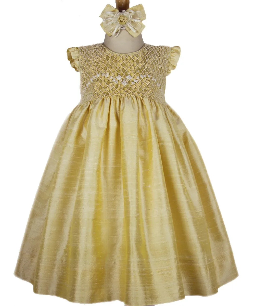 Golden Yellow Hand Smocked Sleeveless Baby Girls Silk Dress 3 Months
