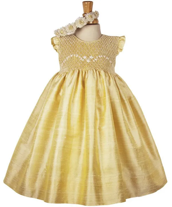 Golden Yellow Hand Smocked Sleeveless Baby Girls Silk Dress 3 Months