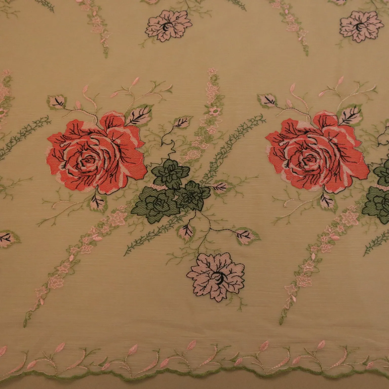Ivory Chiffon Green and Rose Floral Embroidery Fabric