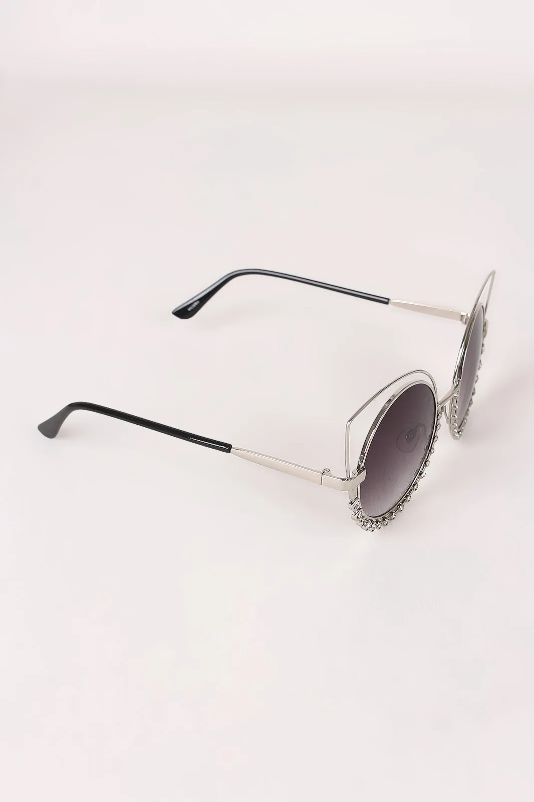 Open Wire Rhinestone Frame Round Cat Eyed Sunglasses