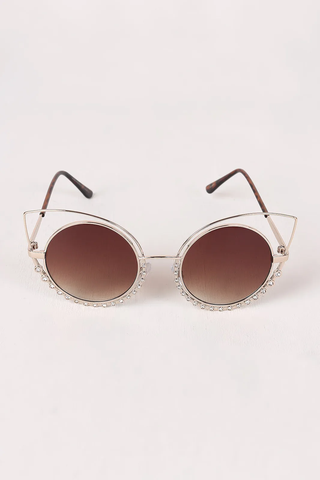 Open Wire Rhinestone Frame Round Cat Eyed Sunglasses