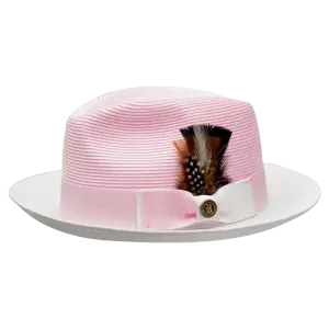 Pink and White Georgio Collection 2-Tone Straw Fedora Hat by Bruno Capelo