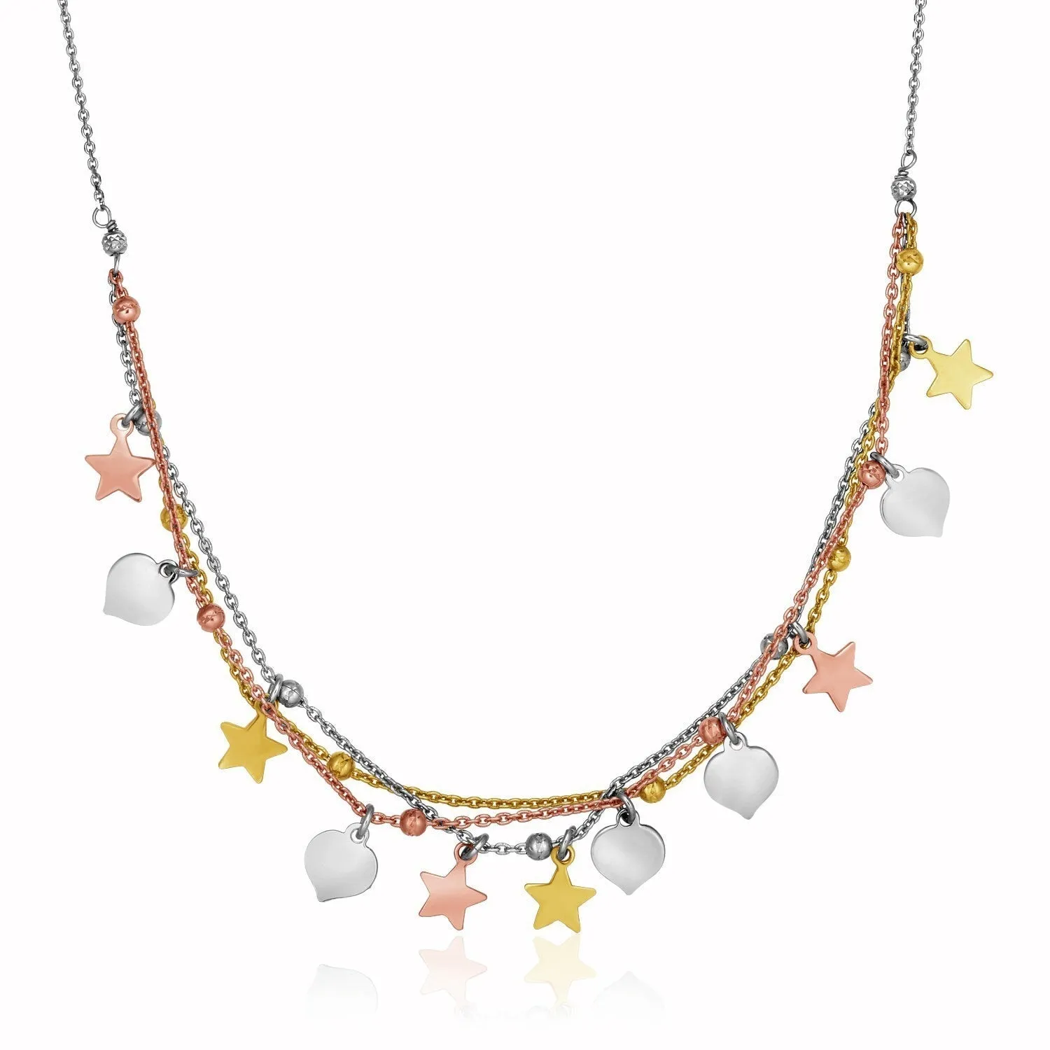 Size: 18'' - Sterling Silver 18 inch Three Toned Necklace with Polished Hearts and Stars