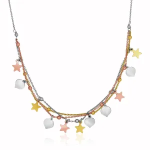 Size: 18'' - Sterling Silver 18 inch Three Toned Necklace with Polished Hearts and Stars