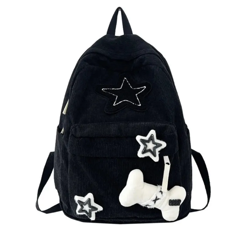 Sohiwoo Cute Y2K Aesthetic Backpack Stars Pattern Preppy Rucksack College Student Computer Backpack Corduroy Bookbag for Girl