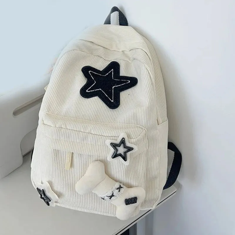 Sohiwoo Cute Y2K Aesthetic Backpack Stars Pattern Preppy Rucksack College Student Computer Backpack Corduroy Bookbag for Girl