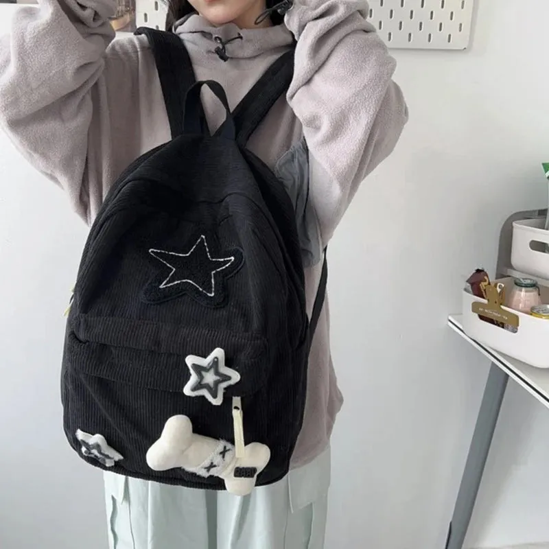 Sohiwoo Cute Y2K Aesthetic Backpack Stars Pattern Preppy Rucksack College Student Computer Backpack Corduroy Bookbag for Girl
