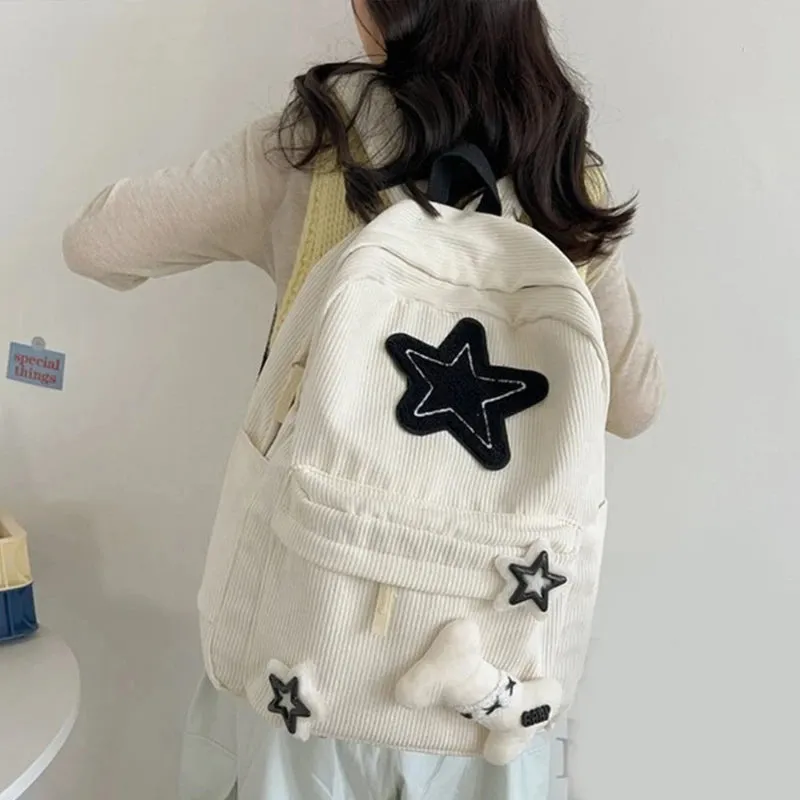 Sohiwoo Cute Y2K Aesthetic Backpack Stars Pattern Preppy Rucksack College Student Computer Backpack Corduroy Bookbag for Girl