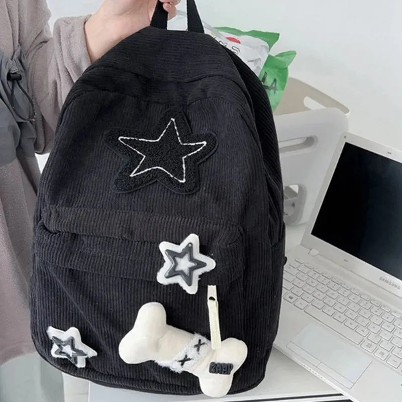 Sohiwoo Cute Y2K Aesthetic Backpack Stars Pattern Preppy Rucksack College Student Computer Backpack Corduroy Bookbag for Girl