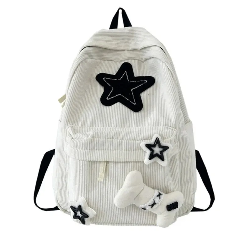 Sohiwoo Cute Y2K Aesthetic Backpack Stars Pattern Preppy Rucksack College Student Computer Backpack Corduroy Bookbag for Girl
