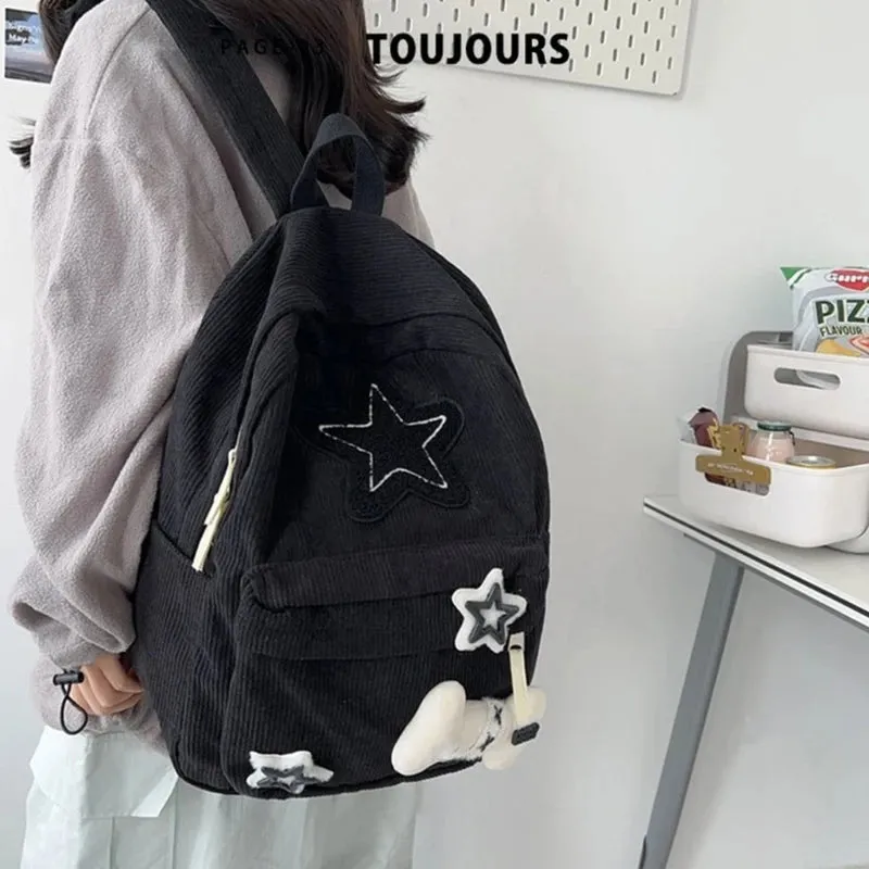 Sohiwoo Cute Y2K Aesthetic Backpack Stars Pattern Preppy Rucksack College Student Computer Backpack Corduroy Bookbag for Girl