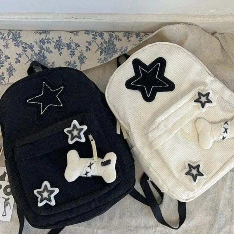 Sohiwoo Cute Y2K Aesthetic Backpack Stars Pattern Preppy Rucksack College Student Computer Backpack Corduroy Bookbag for Girl