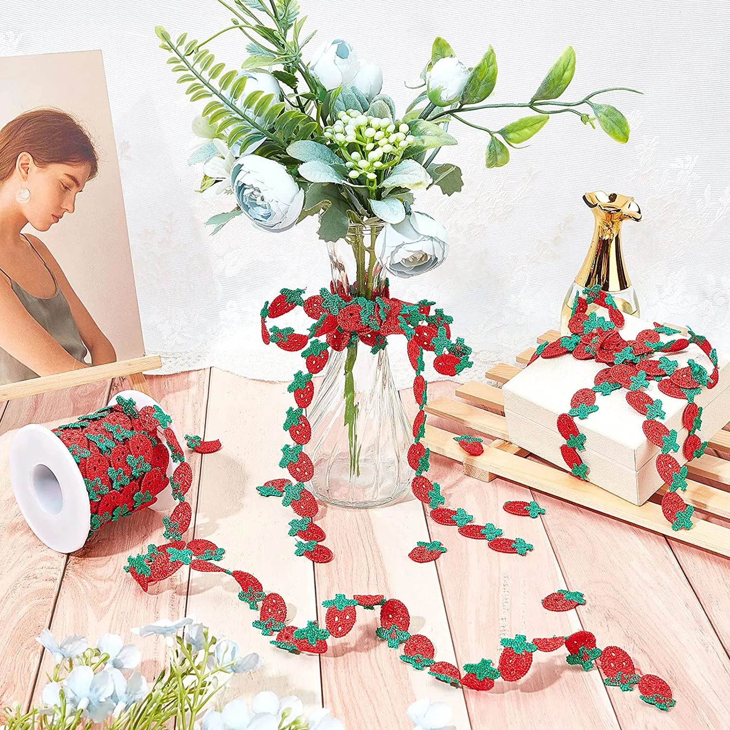 Strawberry Decorating Lace Trim Ribbons, 7.5 Yard ?¨¢5/8 Fruit Style Polyester DIY Ribbon for Sewing, Craft Decoration
