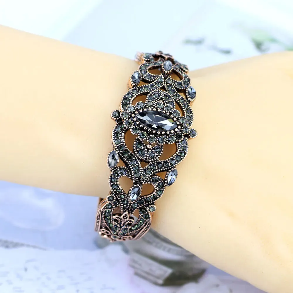 Vintage Turkish Gray Crystal Cuff Bracelet  Antique Gold Ethnic