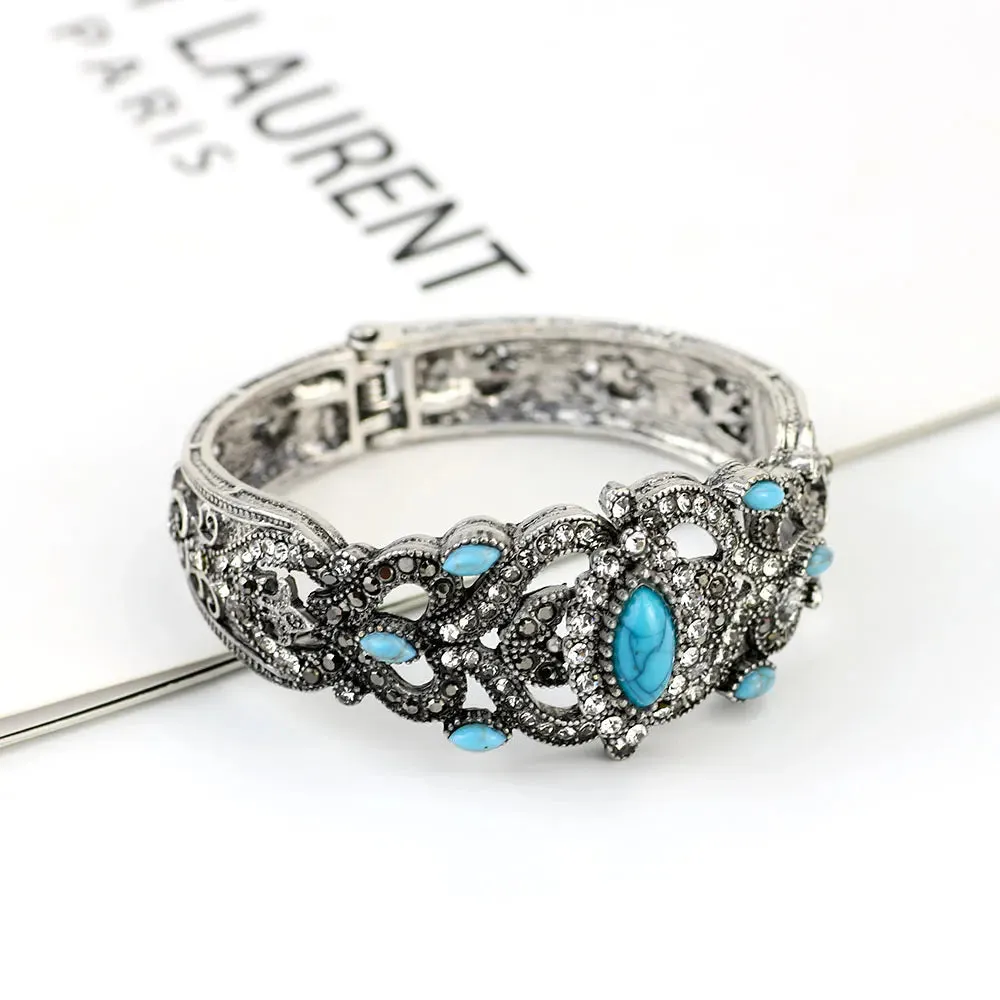 Vintage Turkish Gray Crystal Cuff Bracelet  Antique Gold Ethnic