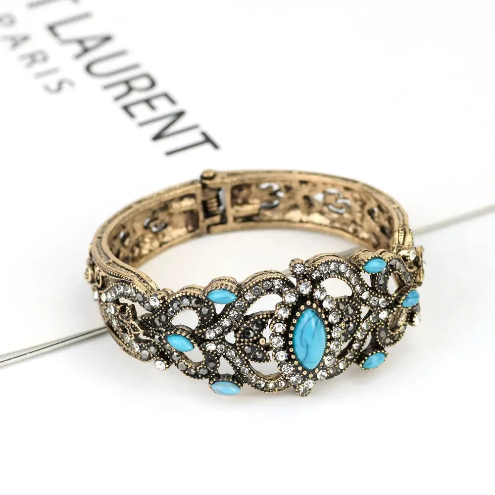 Vintage Turkish Gray Crystal Cuff Bracelet  Antique Gold Ethnic