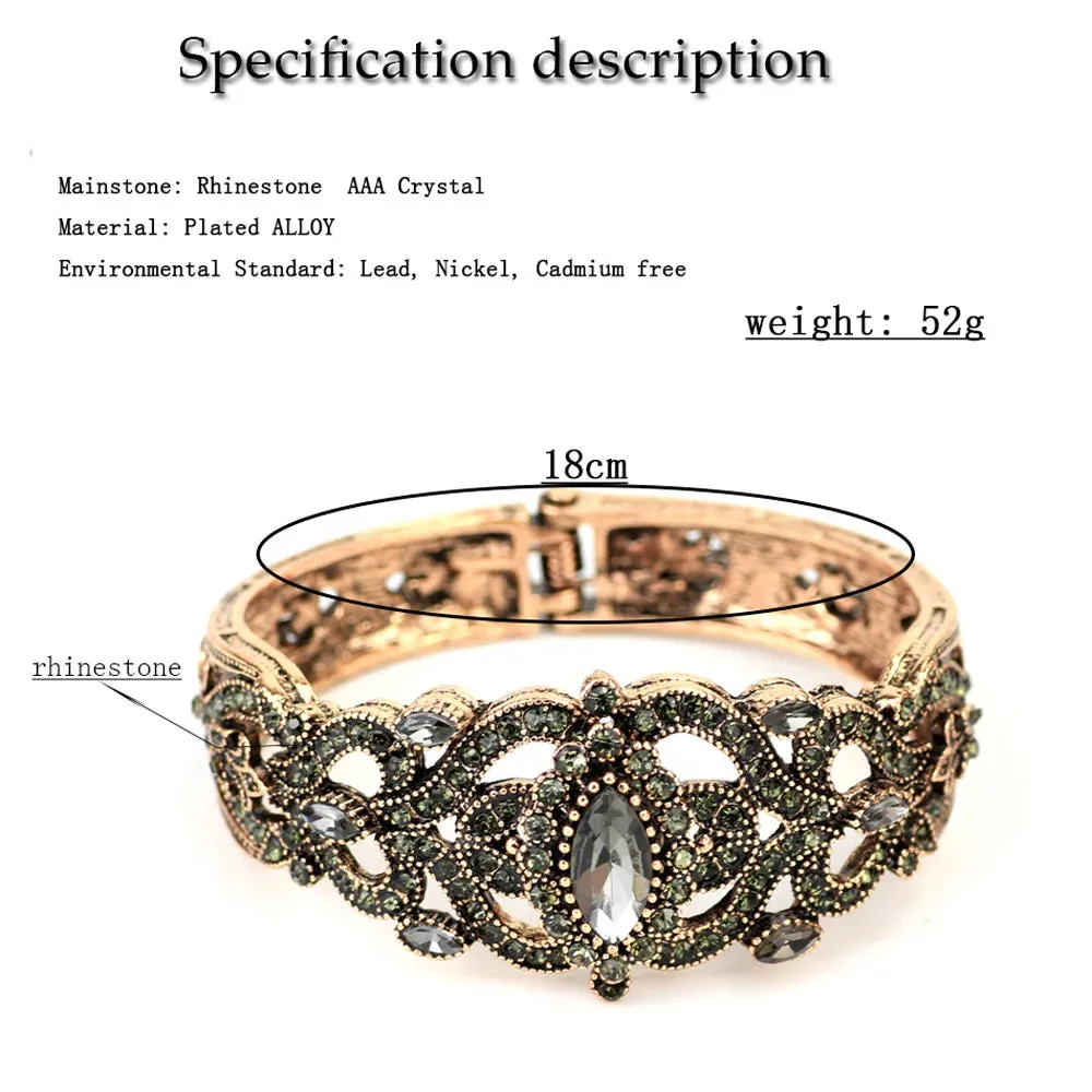 Vintage Turkish Gray Crystal Cuff Bracelet  Antique Gold Ethnic