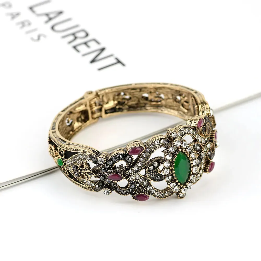 Vintage Turkish Gray Crystal Cuff Bracelet  Antique Gold Ethnic