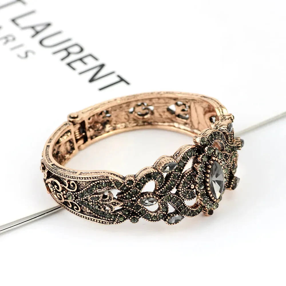 Vintage Turkish Gray Crystal Cuff Bracelet  Antique Gold Ethnic