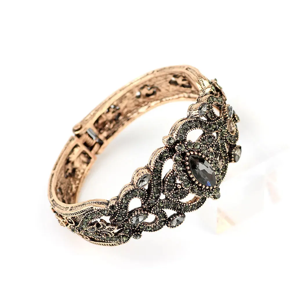 Vintage Turkish Gray Crystal Cuff Bracelet  Antique Gold Ethnic