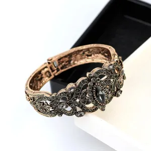 Vintage Turkish Gray Crystal Cuff Bracelet  Antique Gold Ethnic