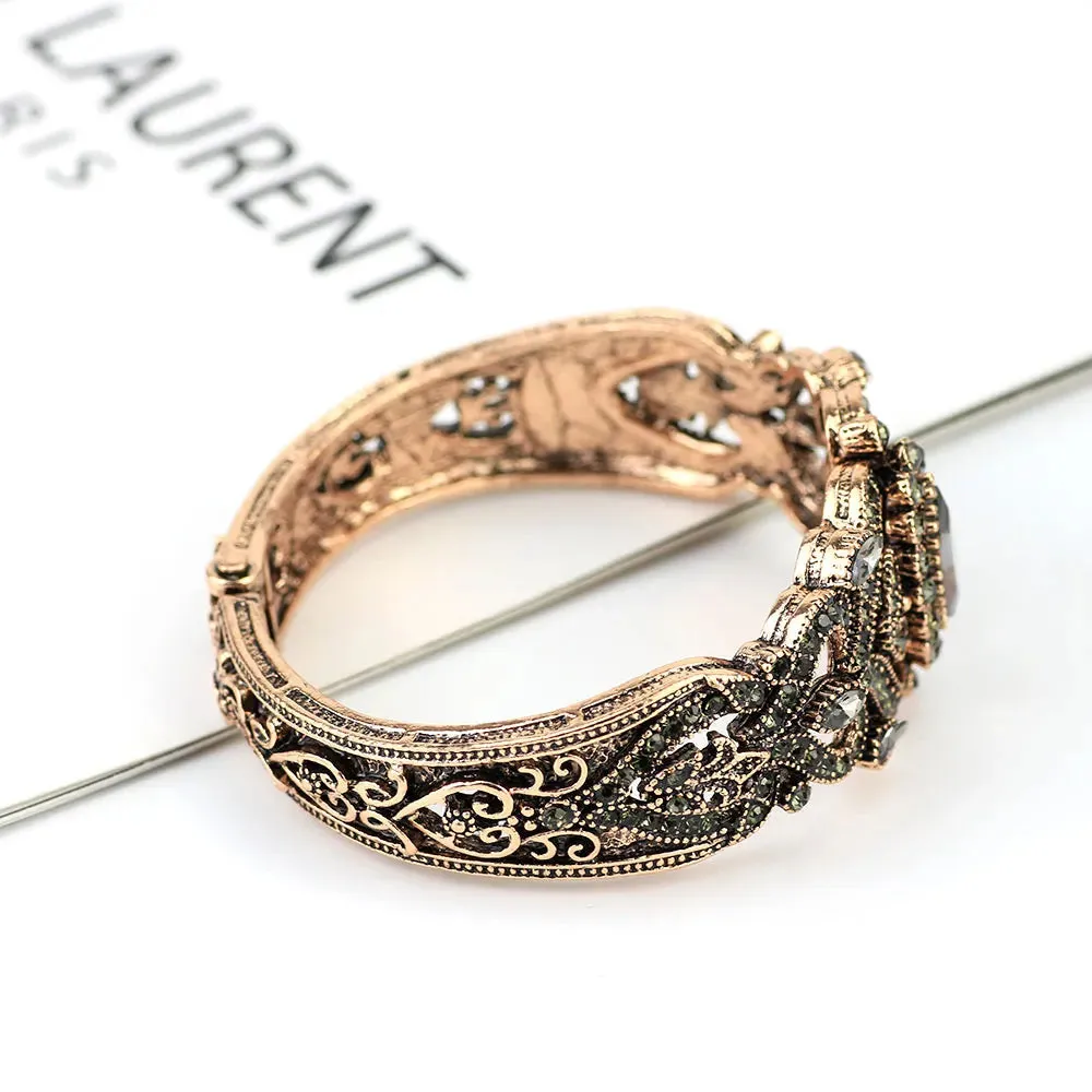 Vintage Turkish Gray Crystal Cuff Bracelet  Antique Gold Ethnic